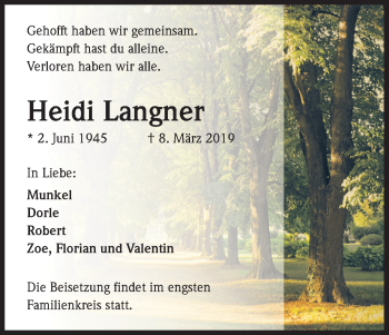 Anzeige von Heidi Langner von Kölner Stadt-Anzeiger / Kölnische Rundschau / Express