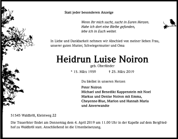 Anzeige von Heidrun Luise Noiron von Kölner Stadt-Anzeiger / Kölnische Rundschau / Express