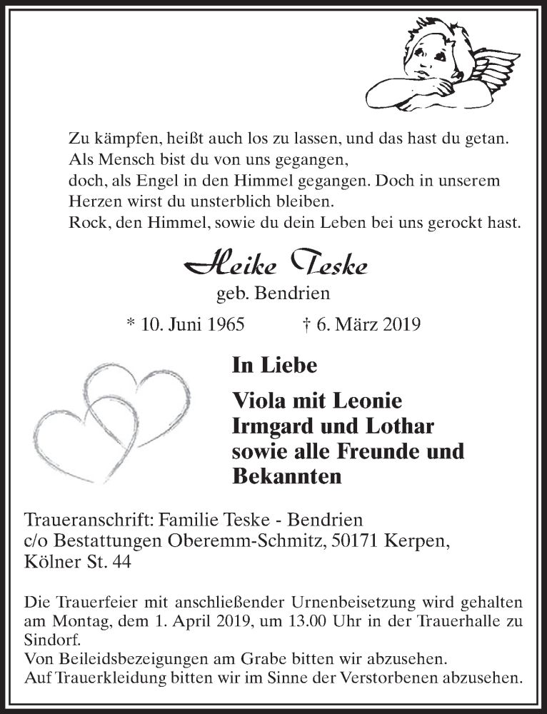  Traueranzeige für Heike Teske vom 23.03.2019 aus  Sonntags-Post 