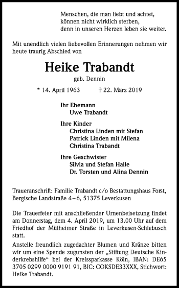 Anzeige von Heike Trabandt von Kölner Stadt-Anzeiger / Kölnische Rundschau / Express