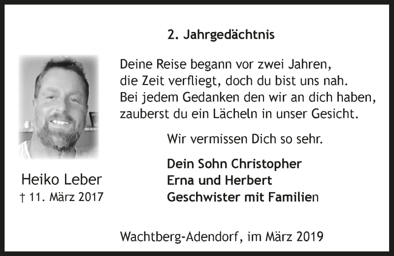  Traueranzeige für Heiko Leber vom 13.03.2019 aus  Schaufenster/Blickpunkt 