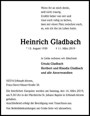 Anzeige von Heinrich Gladbach von Kölner Stadt-Anzeiger / Kölnische Rundschau / Express