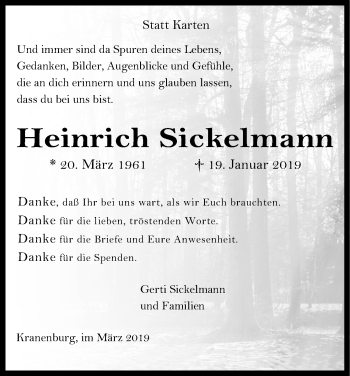 Anzeige von Heinrich Sickelmann von Kölner Stadt-Anzeiger / Kölnische Rundschau / Express