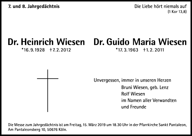  Traueranzeige für Heinrich Wiesen vom 09.03.2019 aus Kölner Stadt-Anzeiger / Kölnische Rundschau / Express