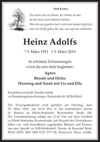 Anzeige von Heinz Adolfs von  Wochenende 