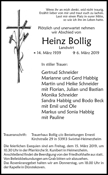 Anzeige von Heinz Bollig von Kölner Stadt-Anzeiger / Kölnische Rundschau / Express