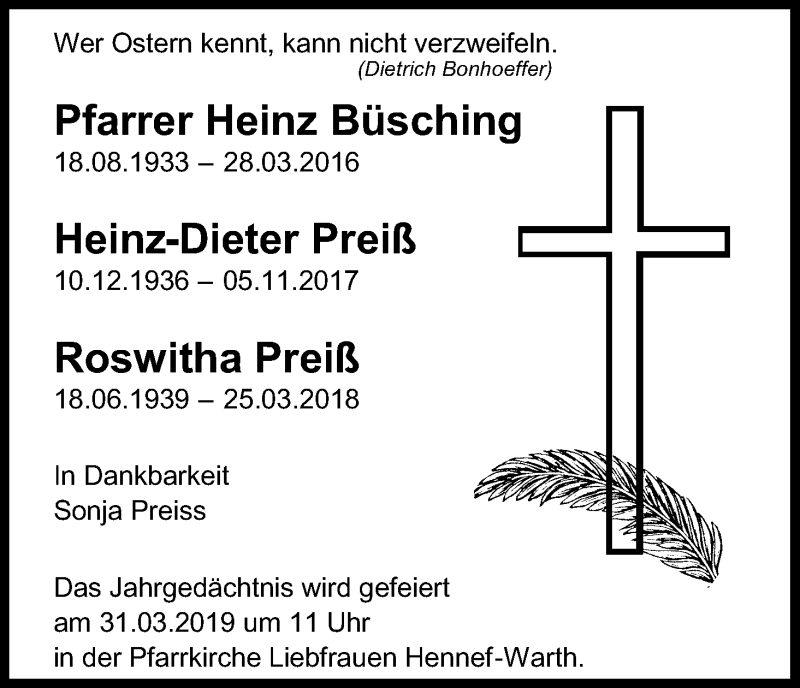  Traueranzeige für Heinz Büsching vom 26.03.2019 aus Kölner Stadt-Anzeiger / Kölnische Rundschau / Express