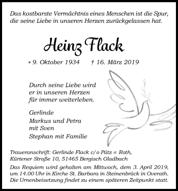 Anzeige von Heinz Flack von Kölner Stadt-Anzeiger / Kölnische Rundschau / Express