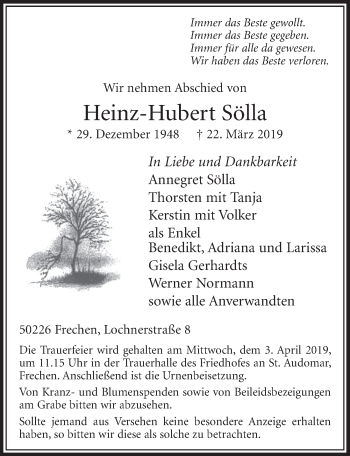 Anzeige von Heinz-Hubert Sölla von  Sonntags-Post 
