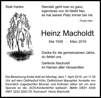 Anzeige von Heinz Macholdt von Kölner Stadt-Anzeiger / Kölnische Rundschau / Express