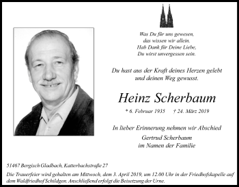 Anzeige von Heinz Scherbaum von Kölner Stadt-Anzeiger / Kölnische Rundschau / Express