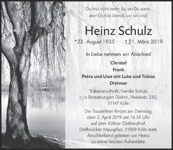Anzeige von Heinz Schulz von  Kölner Wochenspiegel 