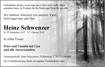 Anzeige von Heinz Schwenzer von  Anzeigen Echo 