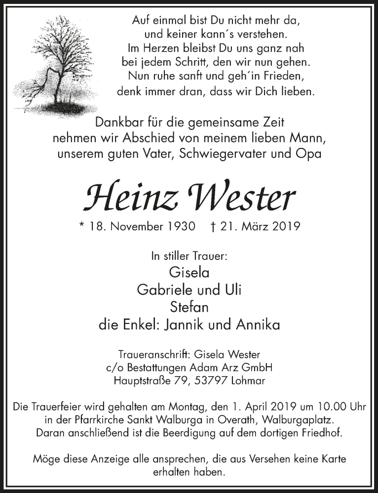  Traueranzeige für Heinz Wester vom 27.03.2019 aus  Bergisches Handelsblatt 