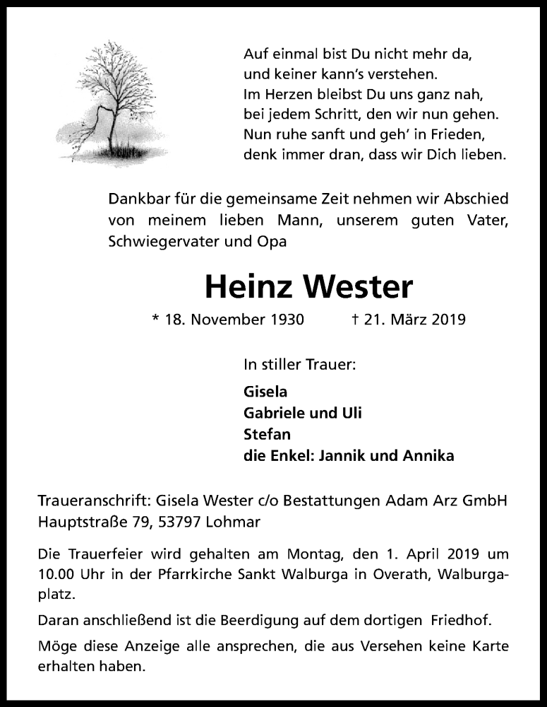  Traueranzeige für Heinz Wester vom 27.03.2019 aus Kölner Stadt-Anzeiger / Kölnische Rundschau / Express
