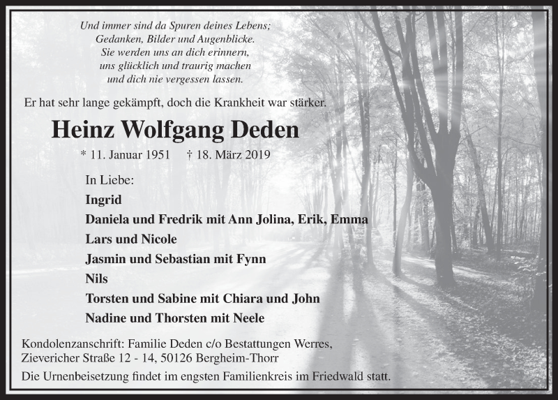  Traueranzeige für Heinz Wolfgang Deden vom 23.03.2019 aus  Sonntags-Post 