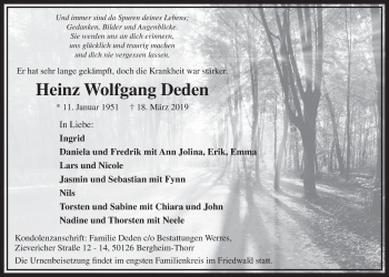 Anzeige von Heinz Wolfgang Deden von  Sonntags-Post 