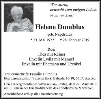 Anzeige von Helene Dumblus von  Sonntags-Post 