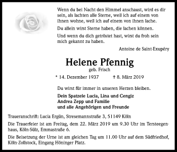 Anzeige von Helene Pfennig von Kölner Stadt-Anzeiger / Kölnische Rundschau / Express