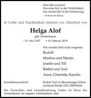 Anzeige von Helga Alof von Kölner Stadt-Anzeiger / Kölnische Rundschau / Express