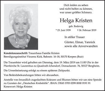 Anzeige von Helga Kristen von  Sonntags-Post 