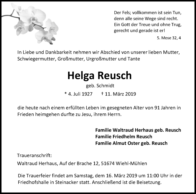  Traueranzeige für Helga Reusch vom 14.03.2019 aus Kölner Stadt-Anzeiger / Kölnische Rundschau / Express