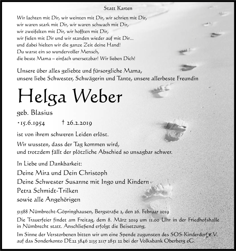  Traueranzeige für Helga Weber vom 02.03.2019 aus Kölner Stadt-Anzeiger / Kölnische Rundschau / Express