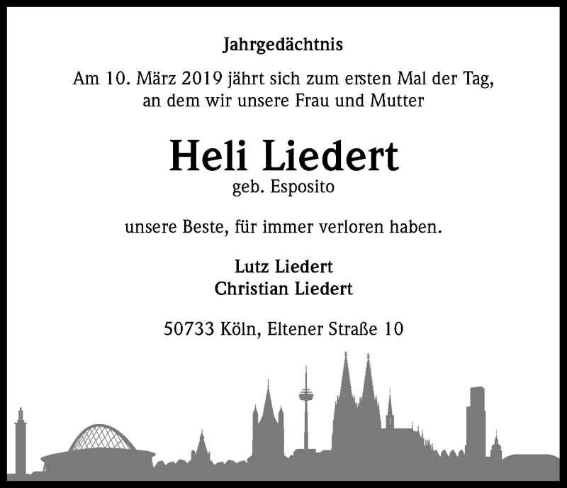  Traueranzeige für Heli Liedert vom 09.03.2019 aus Kölner Stadt-Anzeiger / Kölnische Rundschau / Express