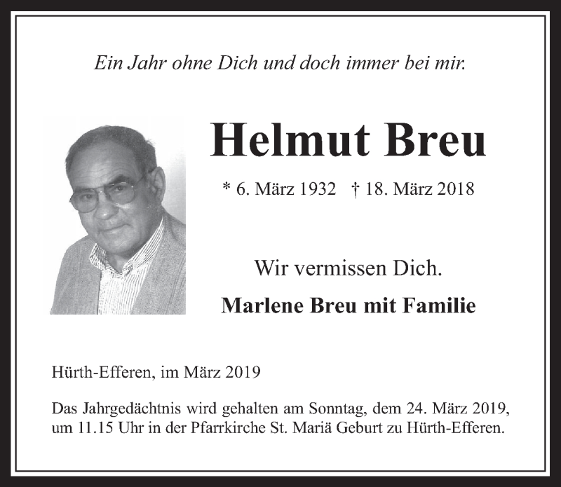  Traueranzeige für Helmut Breu vom 13.03.2019 aus  Wochenende 