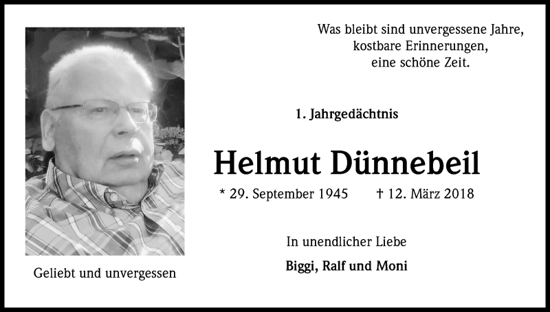  Traueranzeige für Helmut Dünnebeil vom 12.03.2019 aus Kölner Stadt-Anzeiger / Kölnische Rundschau / Express