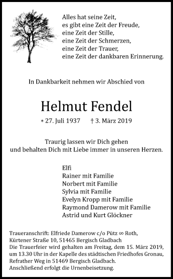 Anzeige von Helmut Fendel von Kölner Stadt-Anzeiger / Kölnische Rundschau / Express