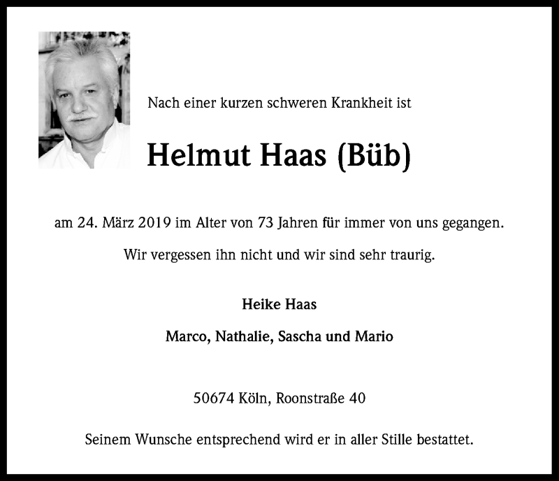  Traueranzeige für Helmut Haas vom 30.03.2019 aus Kölner Stadt-Anzeiger / Kölnische Rundschau / Express