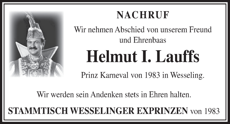  Traueranzeige für Helmut I. Lauffs vom 20.03.2019 aus  Schlossbote/Werbekurier 
