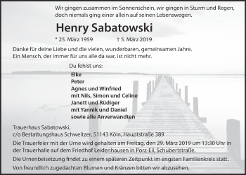 Anzeige von Henry Sabatowski von  Kölner Wochenspiegel 