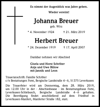 Anzeige von Herbert Breuer von Kölner Stadt-Anzeiger / Kölnische Rundschau / Express