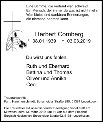 Anzeige von Herbert Comberg von Kölner Stadt-Anzeiger / Kölnische Rundschau / Express