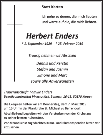 Anzeige von Herbert Enders von  Sonntags-Post 