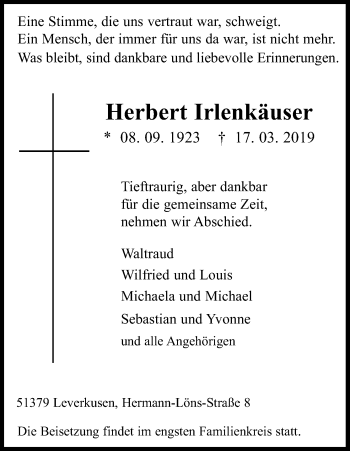 Anzeige von Herbert Irlenkäuser von Kölner Stadt-Anzeiger / Kölnische Rundschau / Express