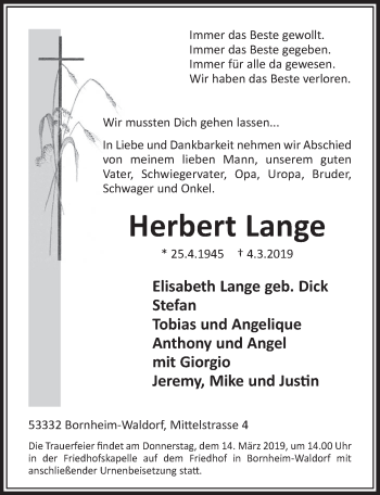 Anzeige von Herbert Lange von  Schaufenster/Blickpunkt  Schlossbote/Werbekurier 