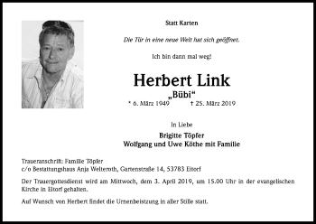 Anzeige von Herbert Link von Kölner Stadt-Anzeiger / Kölnische Rundschau / Express