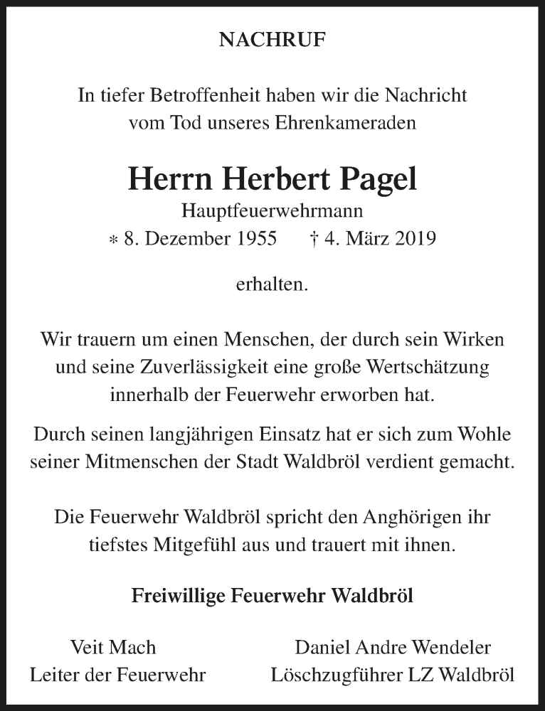  Traueranzeige für Herbert Pagel vom 13.03.2019 aus  Lokalanzeiger 