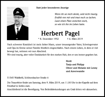 Anzeige von Herbert Pagel von Kölner Stadt-Anzeiger / Kölnische Rundschau / Express