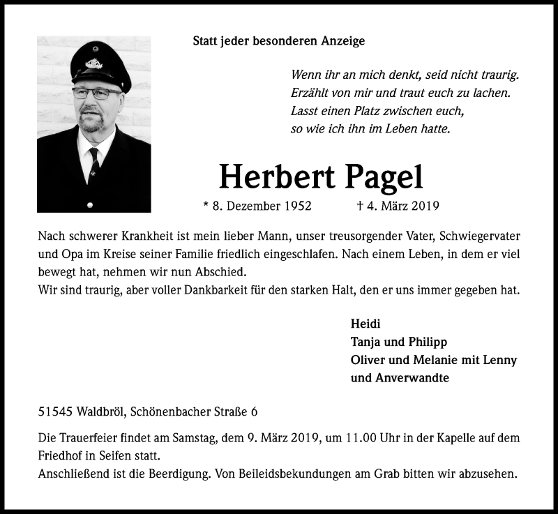  Traueranzeige für Herbert Pagel vom 06.03.2019 aus Kölner Stadt-Anzeiger / Kölnische Rundschau / Express