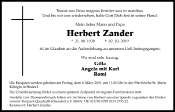 Anzeige von Herbert Zander von Kölner Stadt-Anzeiger / Kölnische Rundschau / Express