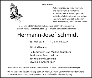 Anzeige von Hermann-Josef Schmidt von Kölner Stadt-Anzeiger / Kölnische Rundschau / Express