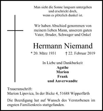 Anzeige von Hermann Niemand von Kölner Stadt-Anzeiger / Kölnische Rundschau / Express