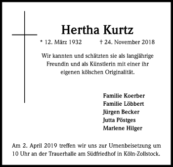 Anzeige von Hertha Kurtz von Kölner Stadt-Anzeiger / Kölnische Rundschau / Express