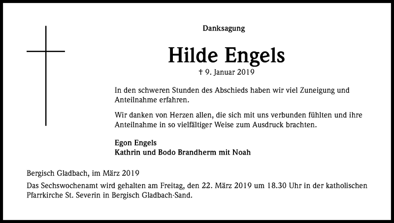  Traueranzeige für Hilde Engels vom 14.03.2019 aus Kölner Stadt-Anzeiger / Kölnische Rundschau / Express