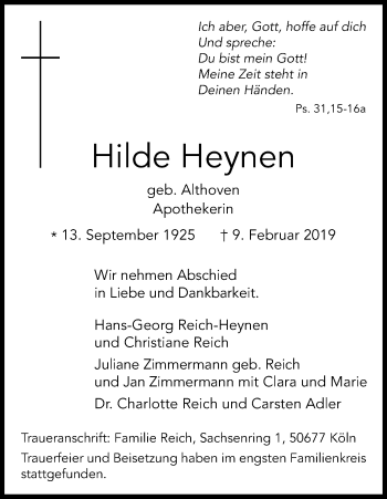 Anzeige von Hilde Heynen von Kölner Stadt-Anzeiger / Kölnische Rundschau / Express