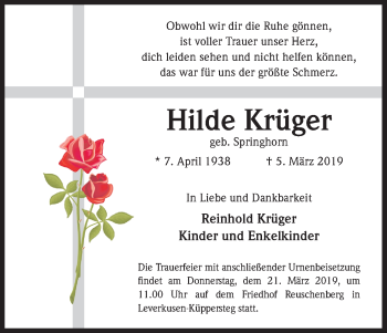 Anzeige von Hilde Krüger von Kölner Stadt-Anzeiger / Kölnische Rundschau / Express